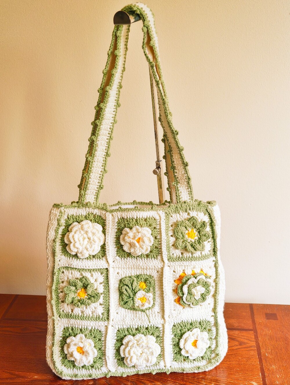 Handmade  White Canvas Bag with Mint Green Crochet Trim crochet shoulder bag